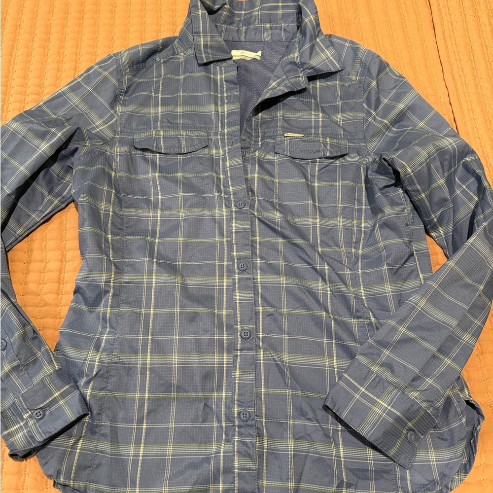 Columbia Blue and Yellow Plaid hiking UPF Women's Button Down Shirt